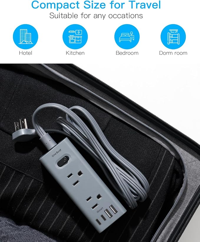 15Ft Extension Cord with Multiple Outlets, Flat Plug Power Strip Surge Protector with 15 Ft Long Cord, 6 Outlet 4 USB Ports (2 USB C), Multi Outlet Wall Plug for College, Dorm Room Essentials(Grey)
