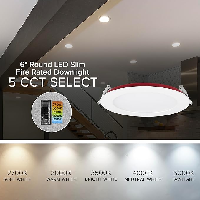 Maxxima 6 in. 2 Hour Fire Rated Ultra Thin LED Downlight, Slim Recessed Canless Light, IC Rated, 1100 Lumens, 5 Color Temperature Selectable 2700K/3000K/3500K/4000K/5000K, Dimmable, J-Box Included