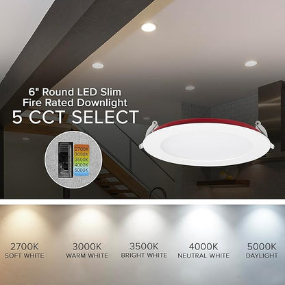 Maxxima 6 in. 2 Hour Fire Rated Ultra Thin LED Downlight, Slim Recessed Canless Light, IC Rated, 1100 Lumens, 5 Color Temperature Selectable 2700K/3000K/3500K/4000K/5000K, Dimmable, J-Box Included