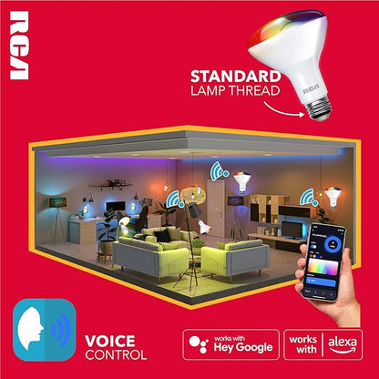 RCA WiFi LED Smart Light Bulbs 2-Pack, BR30 Indoor Flood Light 9W 60W Equivalent, Alexa Devices Compatible, Google Home, Dimmable Tunable White & Color Changing Lightbulb, 720 Lumens E26
