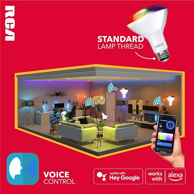 RCA WiFi LED Smart Light Bulb, 1-PK | Indoor Flood Light, 9W (60W Equiv) Multicolor & White LED Light Bulb, Dimmable & Tunable BR30 Smart Bulb, Google & Alexa Light Bulb Compat, Control from Anywhere