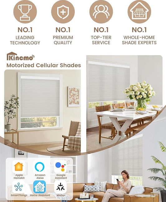 Kincmo Motorized Cellular Shades, Custom Motorized Blinds with Remote, Cordless Smart Electric Honeycomb Blinds Work with Apple HomeKit, Alexa, Google (75%-Blackout-Single-Cell Cream)