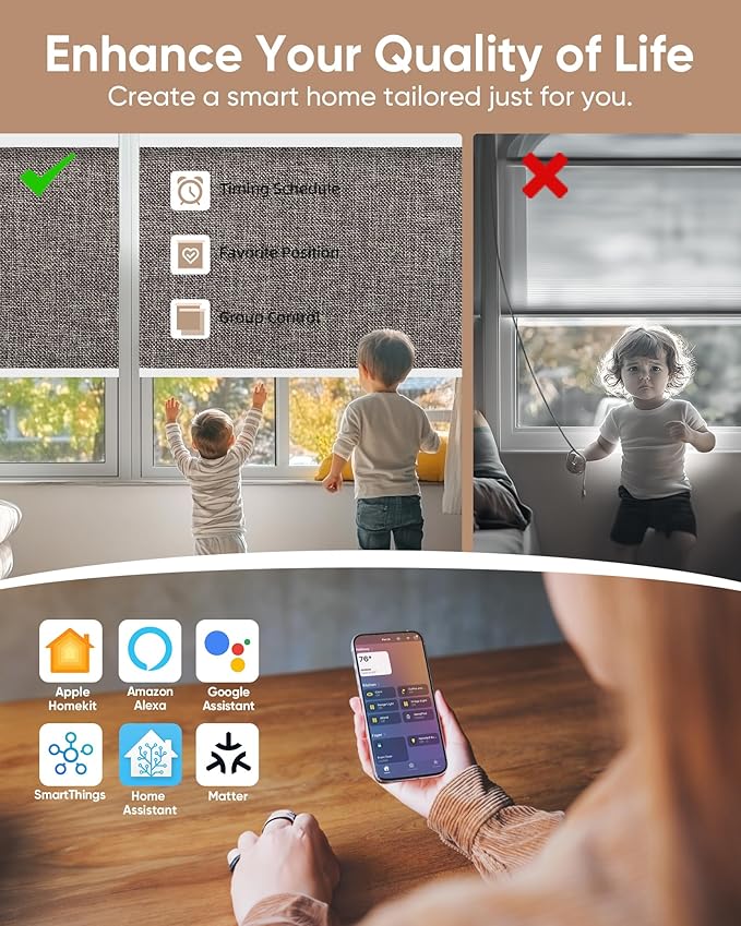 Motorized Blinds with Remote: Kincmo 100% Blackout Roller Shades Work with Apple Homekit,Alexa,Google Home, Customized Electric Blinds with App,Voice Control (100% Blackout Natural Walnut)