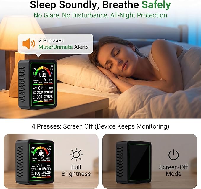 10 in 1 Indoor Air Quality Monitor, Portable Smart Air Quality Tester for CO2, CO, TVOC, HCHO, Temp, Hum, AQI, PM0.3-1, NVH, Formaldehyde Detector for Home, Car, Plants, Hotel, Pets