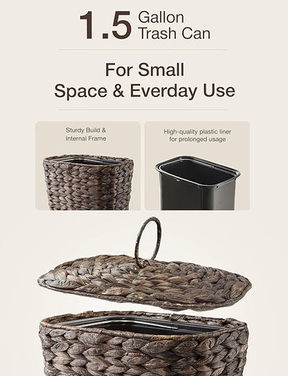 Tidita Wicker Waste Basket - Wicker Trash Can with Lid - Water Hyacinth Bathroom Garbage Can with a Lid - Bathroom Trash Can Boho Style - Removable Liner, Iron Frame (Black, 1.5 Gallons)