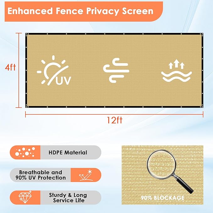 i COVER 4x12ft Privacy Screen Fence, Outdoor Fencing Panels, Garden Windscreen Mesh Shade Sail Net Barrier, Fence Privacy Screen Reinforced Bindings and Brass Grommets Cable Zip Ties, Sand