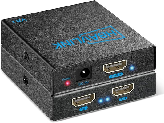 HDMI Splitter - HDCP, HDR, Dolby/DTS5.1/7.1 - Compatible with Firestick 4k Max, PS3/PS5 & Elgato HD60s/x/Pro, Apple TV 4K, Retrotink, Roku soundbar, NOT for Phone (HB-SP102B-8K)