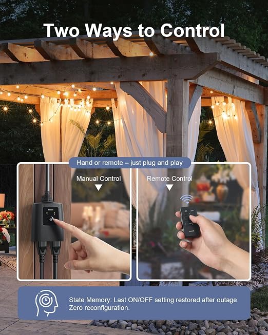 2 Independent Control Outdoor Remote Outlets with Magnetic Switch
