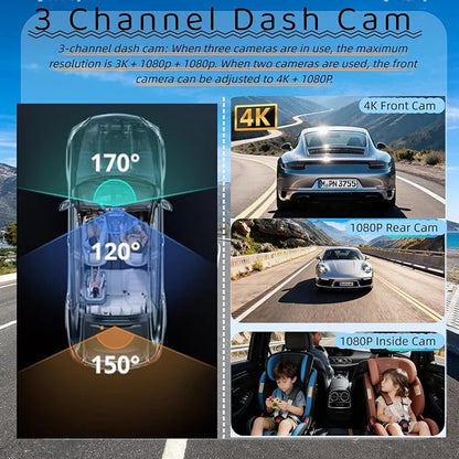 3 Channel Mirror Dash Cam, Aprilboy 12" Triple Rear View Mirror with Front 4K, Inside and Rear 1080P Cameras with 5.8GHz WiFi, G-Sensor, Night Vision, Reverse Assist, Parking Monitoring
