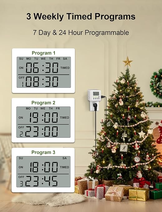 NOVKIT 2 x 3-in-1 Dual Outlet Timer Plug with Interval Cycle for Indoor, 7 Day 24 Hour Programmable Digital Repeat Timer Switch (15A, 1875W)