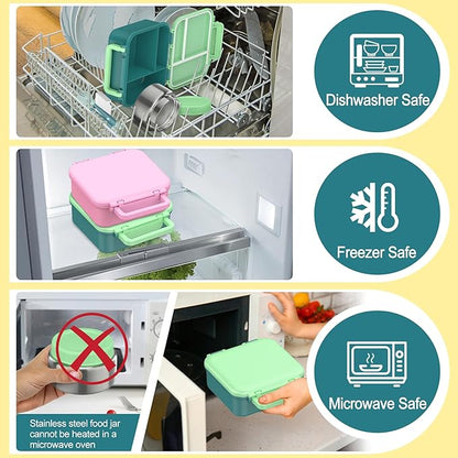 Bento Lunch Box for Kids with 9oz Thermo, Leak-proof Lunch Containers with 3 Compartments,Kids-friendly Size,Durable/Dishwasher Safe Lunch Box for School Outdoors-Green