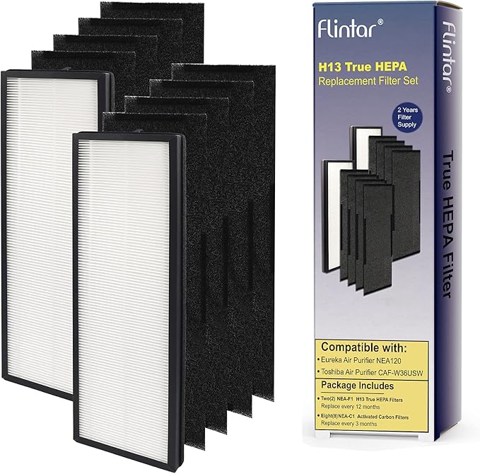 NEA120 Replacement Filter, Compatible with Eureka NEA120 and Toshiba Smart WiFi Air Purifier, (2) H13 Grade Air Filters (NEA-F1) and (8) Activated Carbon Filters (NEA-C1)