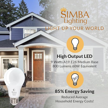 Simba Lighting LED Outdoor Light Bulbs with Photocell Sensor Dusk to Dawn Smart Auto On and Off (2 Pack) A19 9W 60W Replacement for Porch, Night Light, Garage Door, E26 Medium Base, 5000K Daylight