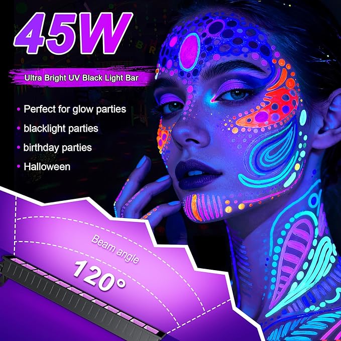 4-Pack UV Black Light Bars 45W, 395NM LED Blacklights for Glow Party, Body Paint, Halloween, Fluorescent Posters, Birthday Decor, IP66 Waterproof