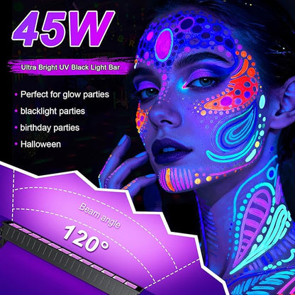 6-Pack UV Black Light Bars 45W, 395NM LED Blacklights for Glow Party, Body Paint, Halloween, Fluorescent Posters, Birthday Decor, IP66 Waterproof