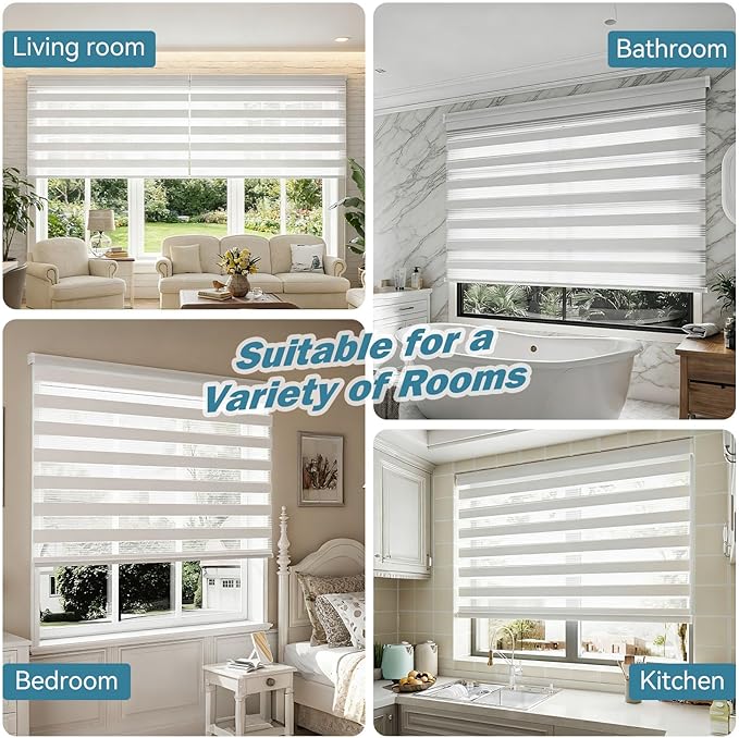 Interior Window Shades, Smart Dual Layer Light Filtering Blinds Compatible with Alexa & Google Home, Customized Size Cordless Electric Window Shades, (White, 55% Blackout)
