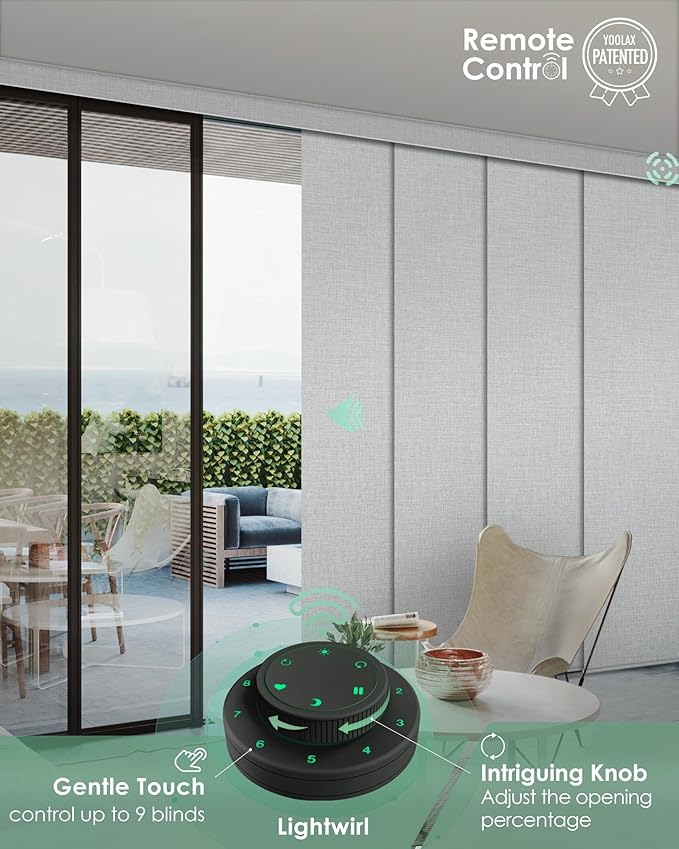 Yoolax Custom XL Smart Sliding Door Blinds, Motorized Sliding Panel Blinds Compatible with Alexa, Fabric Blackout Vertical Rechargeable Battery Shades for Glass Doors(Foggy White)
