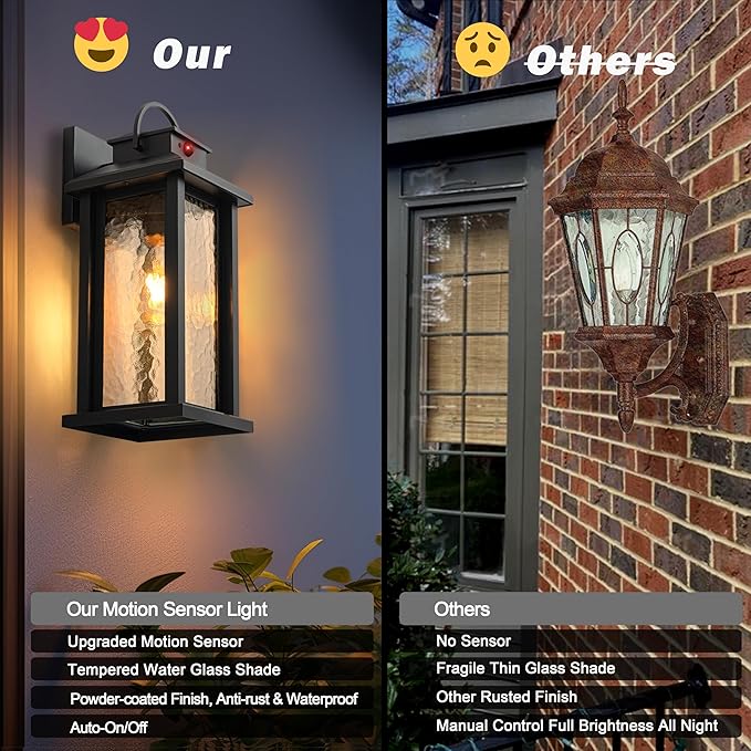 2 Pack Motion Sensor Outdoor Lights, Matte Black Dusk to Dawn Porch Lights Outdoor Light Fixture with Water Glass, 3 Lighting Modes Exterior Lighting Fixtures, Waterproof Outside Light for House