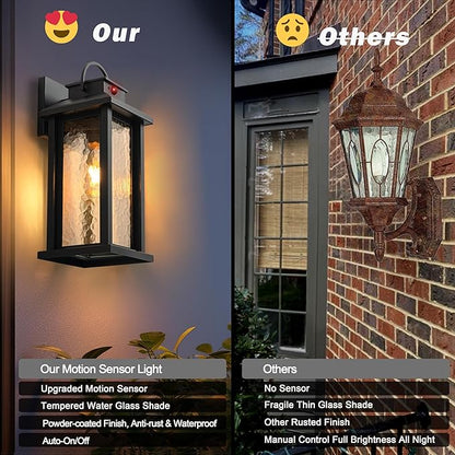 2 Pack Motion Sensor Outdoor Lights, Matte Black Dusk to Dawn Porch Lights Outdoor Light Fixture with Water Glass, 3 Lighting Modes Exterior Lighting Fixtures, Waterproof Outside Light for House