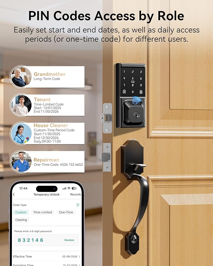 Smart Door Lock with Handle Set, Keyless Entry Door Lock for Front Door, Fingerprint, APP Control, Touchscreen Keypad Deadbolt, Temporary Passcode, Auto Lock, IP54 Waterproof, Easy Install