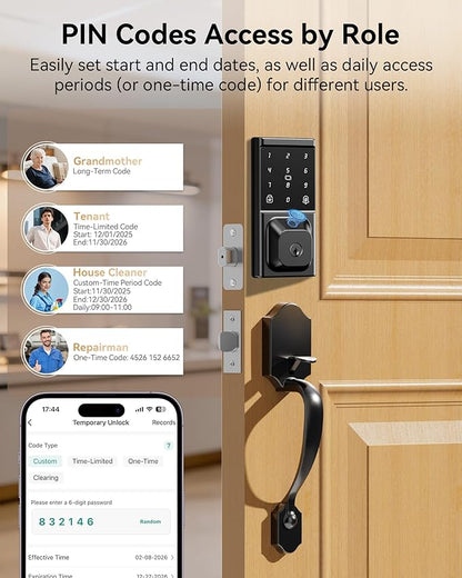 Smart Door Lock with Handle Set, Keyless Entry Door Lock for Front Door, Fingerprint, APP Control, Touchscreen Keypad Deadbolt, Temporary Passcode, Auto Lock, IP54 Waterproof, Easy Install