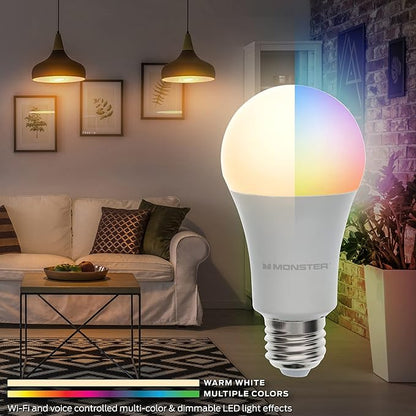 Monster Multi-Color and Warm-White LED Light Bulb, 16,000,000 Lighting Possibilities, Customizable with App, Compatible with Alexa/Siri/Google Assistant, Wi-Fi Enabled, 2-Pack, 9 Watt