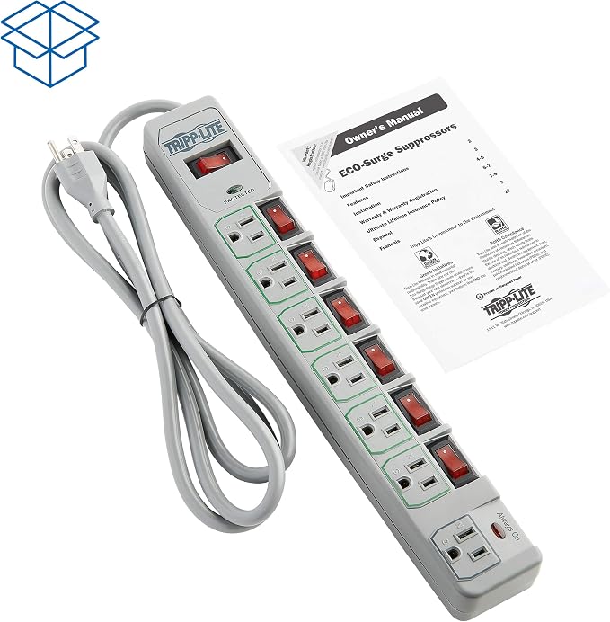 Tripp Lite 7-Outlet Surge Protector Power Strip with 6 Individually Controlled Switches, 6 Foot / 1.83M Cord, Lifetime Limited Warranty & $25,000 Insurance (TLP76MSG)