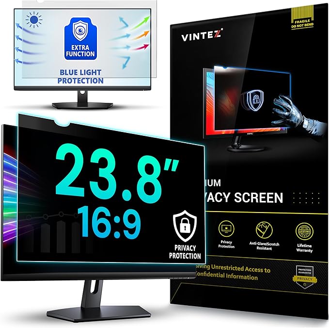 VINTEZ 23.8 Inch 16:9 Privacy Screen for Computer Monitor and Laptop - Anti Glare Protector Film Blue Light Filter Eye Protection - Computer Screen Privacy Shield, [1 Pack]