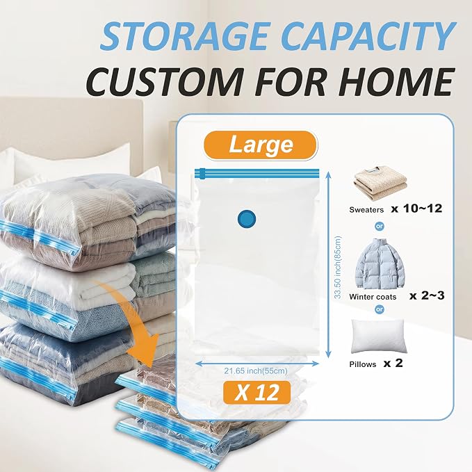 Vacuum Storage Bags with Hand Pump, Vacuum Seal Space Saver Bags,12 Large | 80% Space-Saving Bags for Clothes, Blankets, Pillows & Bedding;Double-Zip Airtight Seal;For Closets, Home & Travel Storage