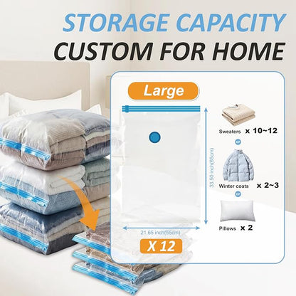 Vacuum Storage Bags with Hand Pump, Vacuum Seal Space Saver Bags,12 Large | 80% Space-Saving Bags for Clothes, Blankets, Pillows & Bedding;Double-Zip Airtight Seal;For Closets, Home & Travel Storage