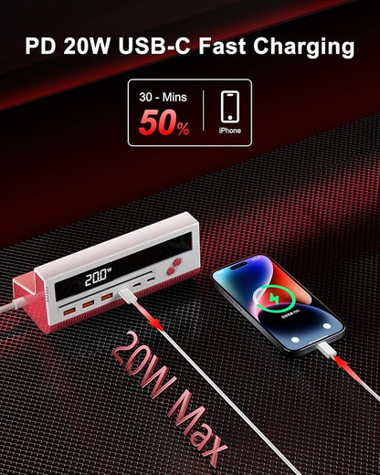 10-in-1 USB Charging Station, 4 Outlets Power Strip with 6 USB, 5 FT Long Extension Cord, 45° Flat Plug, 20W Fast Mulit Charging Station for Home Office Travel Plug Extension Outlet (Red)
