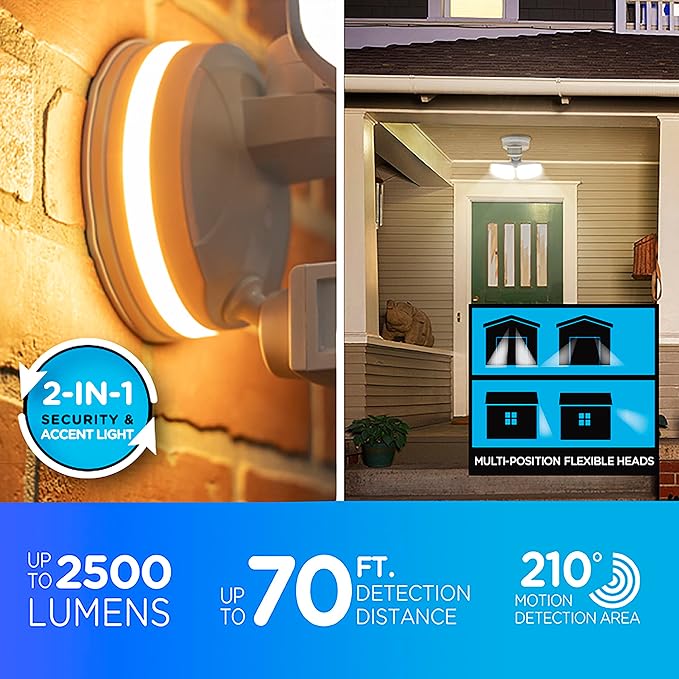 Enbrighten 58242-S1 Outdoor 2-Head Motion-Sensing Back Lit Wi-Fi LED Security Light, White | (Pack of 2)