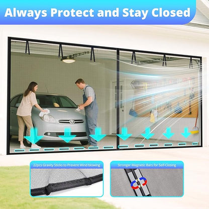 Garage Door Screen For 2 Car 15x7FT, Magnetic Screen Garage with Retractable Fiberglass Mesh and Heavy Duty Weighted Bottom, Easy Assembly & Pass, Hands Free Screen Door w/ 36 Magnets for Garage/Patio