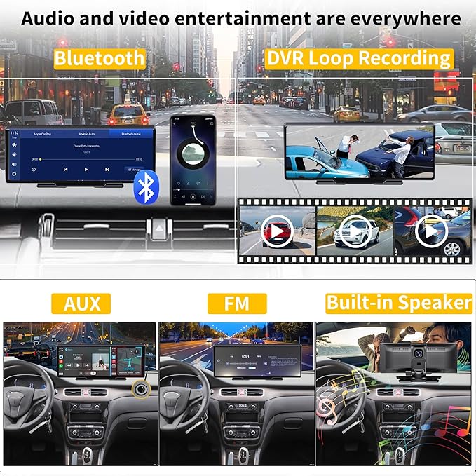 SCUMAXCON 10.26" Portable Car Stereo Wireless Carplay Android Auto 4K Dash Cam IPS Touchscreen Backup Camera Loop Recording GPS Navigation Bluetooth FM AUX Built in Speaker Car Audio Receiver