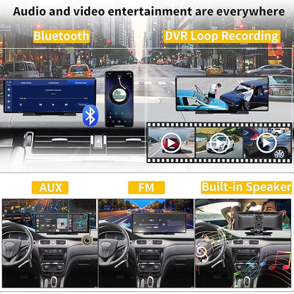 SCUMAXCON 10.26" Portable Car Stereo Wireless Carplay Android Auto 4K Dash Cam IPS Touchscreen Backup Camera Loop Recording GPS Navigation Bluetooth FM AUX Built in Speaker Car Audio Receiver