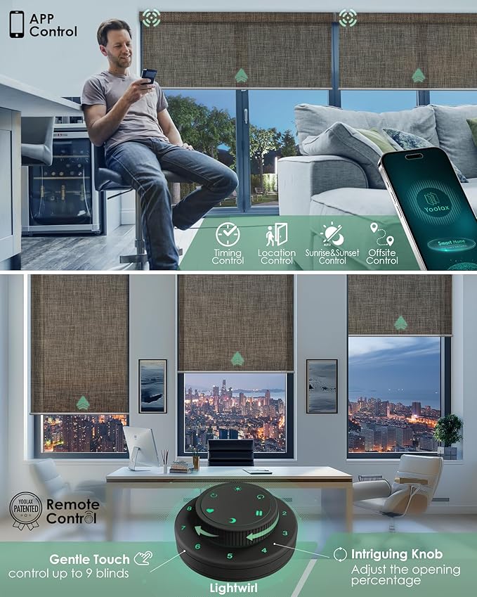 Yoolax Motorized Solar Shades Light Filtering Motorized Blinds with Remote Smart Blinds Work with Alexa, Google, Flame Retardant Roller Shades for Windows, Customized (3% Openness Minty Oat Latte)