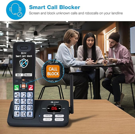 AT&T Cordless Phone, Landline Phones for Home with Smart Call Blocker, 3 Handsets Bluetooth Phone, Large Color Display, Big Buttons, Long Range, Digital Answering System: BL108-3 (Charcoal & Silver)