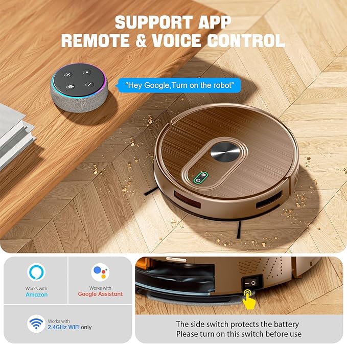 2 in 1 Robot Vacuum and Mop Combo, 6500Pa Suction, Robotic Vacuum Cleaner with 200 Min Runtime, Self-Charging, App/Alexa/Voice Control, Ideal for Hard Floor, Pet Hair, Carpet