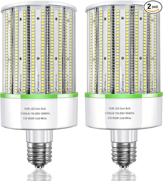 TJBB 2 Pack 150W E39 Large Mogul Base LED Corn Cob Light Bulb, 21,000 Lumens 5000K Daylight, 800W MH/HPS Replace for Garage Warehouse High Bay Parking Lot Lighting
