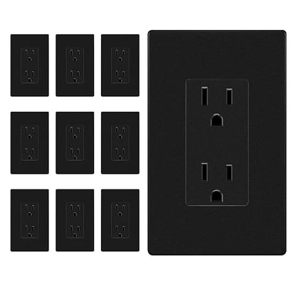ENERLITES 10 Pack Decorator Outlet 15A Receptacle with Screwless Wall Plate | Self-Grounding, UL Listed, Standard Residential Electrical Outlets for Home, Non-Tamper Resistant, 5-15R, 125V, Matte Black