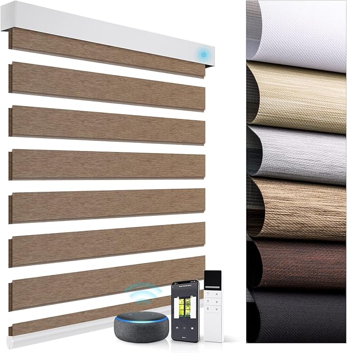 ZSTARR Motorized Blackout Window Blinds with Remote,Smart Zebra Mini Blinds Shades for Windows Control Wireless Roller Shades Blinds for Windows, Office,Home, Hotel, Club, HD160 Yellow-Brown
