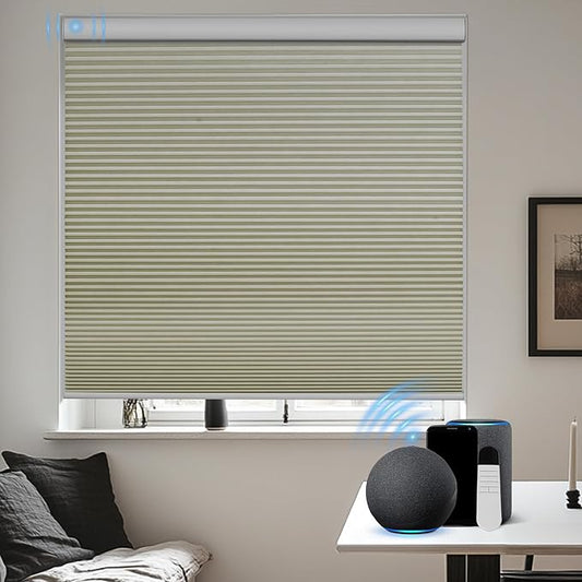 BERISSA Motorized Cellular Shades, Blackout Smart Honeycomb Blinds with Remote Control & Hub, Custom Room Darkening Automatic Cellular Window Blinds for Home Office, Living Room, Door,Beige