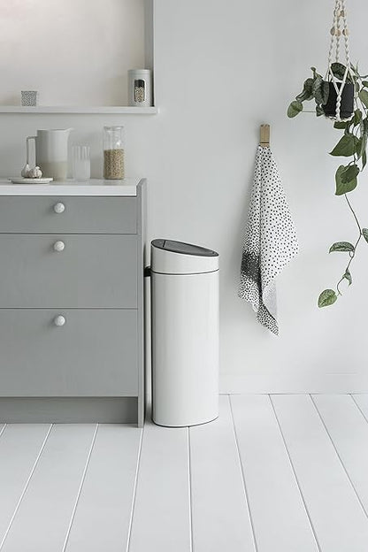 Brabantia Press-Top Kitchen Trash Can with Flat Back | White | 10.6 Gallon / 40L | Home Trash Can with Soft-Touch Stay-Open Lid & Removable Inner Bucket | Fits Flat Against Walls | + Trash Bags