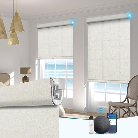 BERISSA Smart Motorized Blinds with Remote,No Drill Automatic Roller Blinds for Indoor Windows,Filter Linen Fabric,Electric Shades for Windows Home Office,Filter Linen Beige,Custom Size..