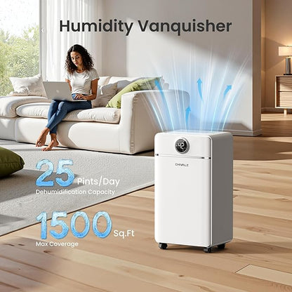 CHIVALZ 1500 Sq.Ft Dehumidifier for Basement with Drain Hose Max 25 Pints, Dehumidifiers for Home, Bedroom, Bathroom, Quiet, Intelligent Humidity Control, 3 Modes, 24H Timer, White 1Pack