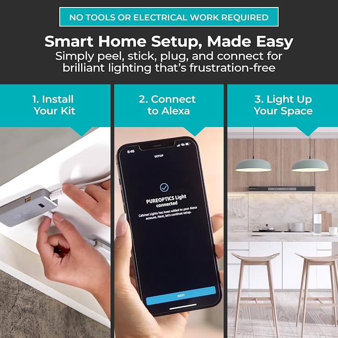 PureOptics LED Compatible with Alexa Smart Under Cabinet Lighting Kit, Adjustable LEDs, (6) 9" Bars, White (Pack of 12)