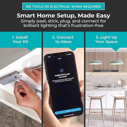 PureOptics LED Compatible with Alexa Smart Under Cabinet Lighting Kit, Adjustable LEDs, (6) 9" Bars, White (Pack of 12)