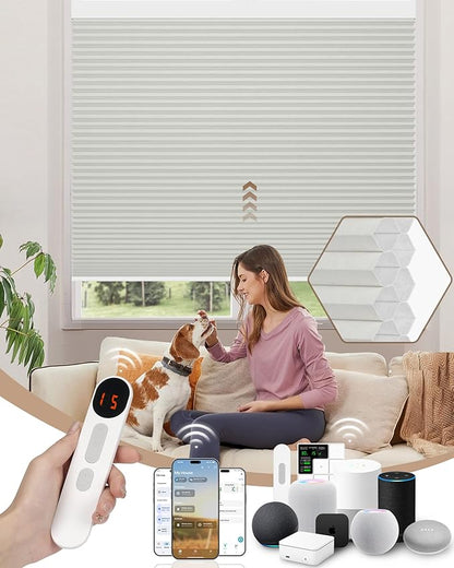 Kincmo Motorized Cellular Shades, Custom Motorized Blinds with Remote, Cordless Smart Electric Honeycomb Blinds Work with Apple HomeKit, Alexa, Google (100%-Blackout-Double-Cell Cream)