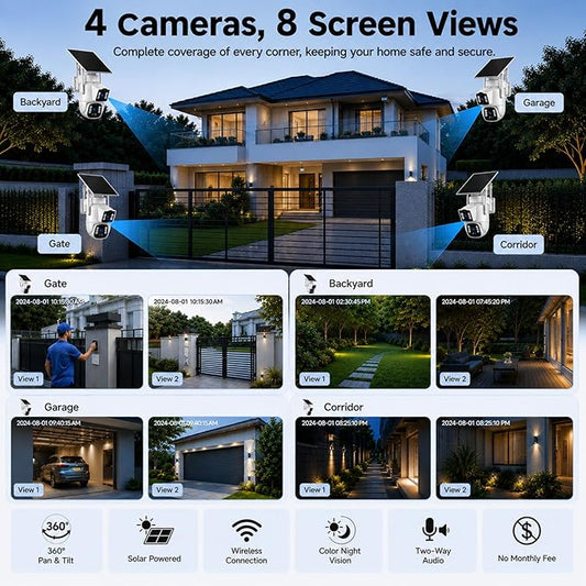 Camcamp Solar Security Cameras Wireless Outdoor, Dual Lens 4-Camera System