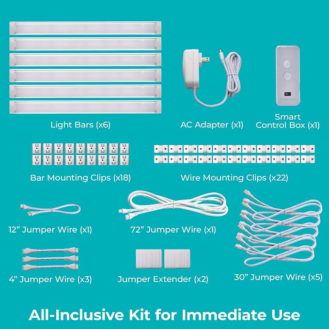 PureOptics LED Compatible with Alexa Smart Under Cabinet Lighting Kit, Adjustable LEDs, (6) 9" Bars, White (Pack of 12)